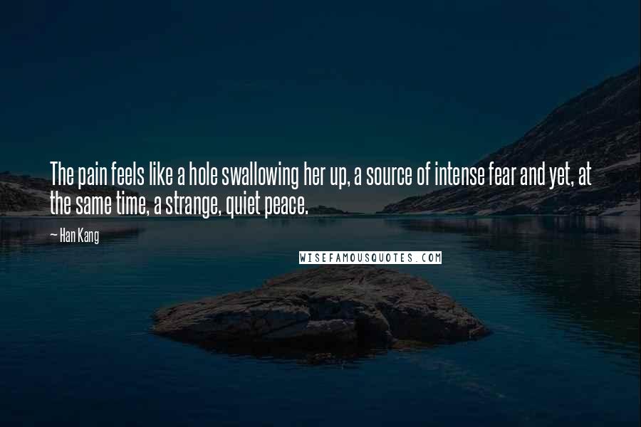 Han Kang Quotes: The pain feels like a hole swallowing her up, a source of intense fear and yet, at the same time, a strange, quiet peace.