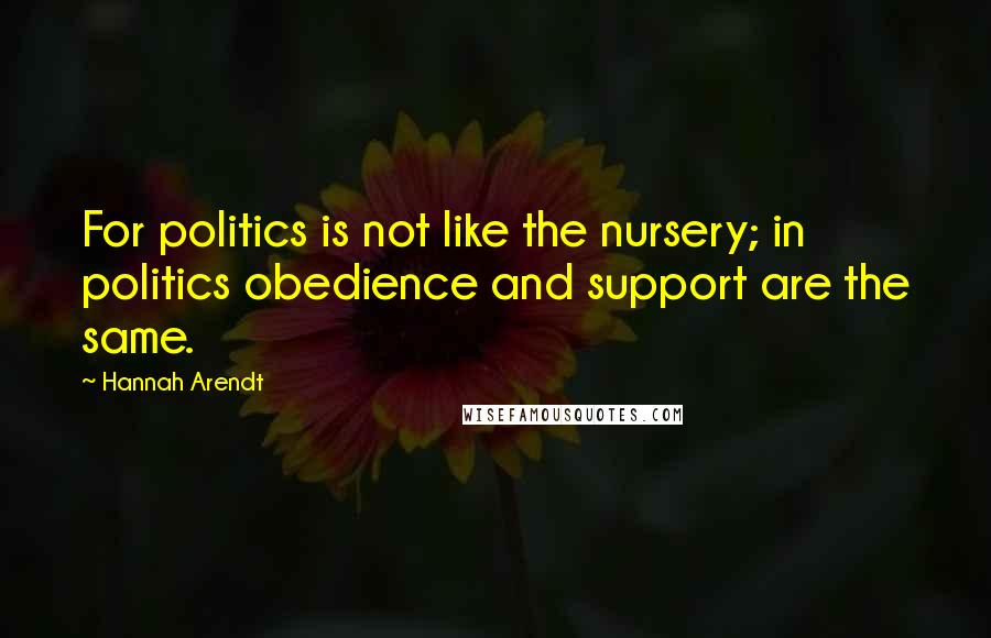 Hannah Arendt Quotes: For politics is not like the nursery; in politics obedience and support are the same.