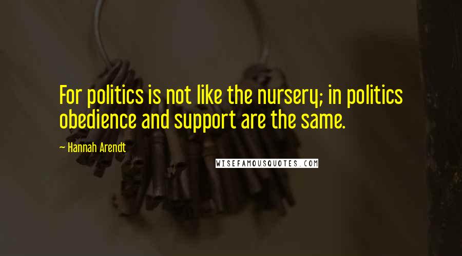 Hannah Arendt Quotes: For politics is not like the nursery; in politics obedience and support are the same.