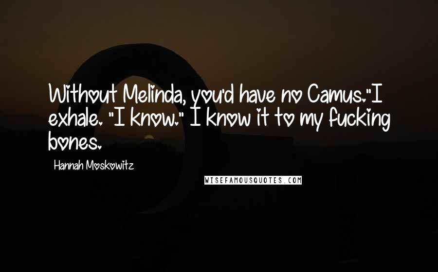 Hannah Moskowitz Quotes: Without Melinda, you'd have no Camus."I exhale. "I know." I know it to my fucking bones.