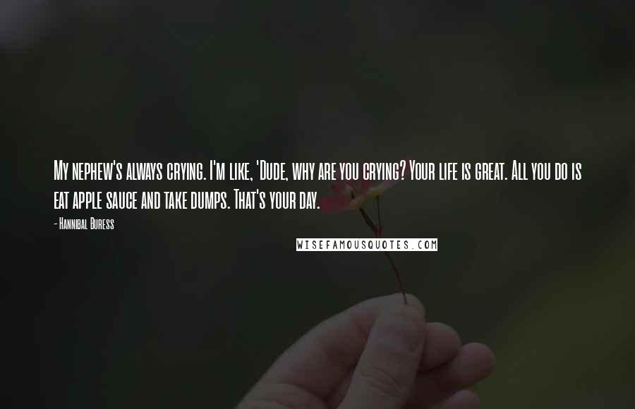 Hannibal Buress Quotes: My nephew's always crying. I'm like, 'Dude, why are you crying? Your life is great. All you do is eat apple sauce and take dumps. That's your day.