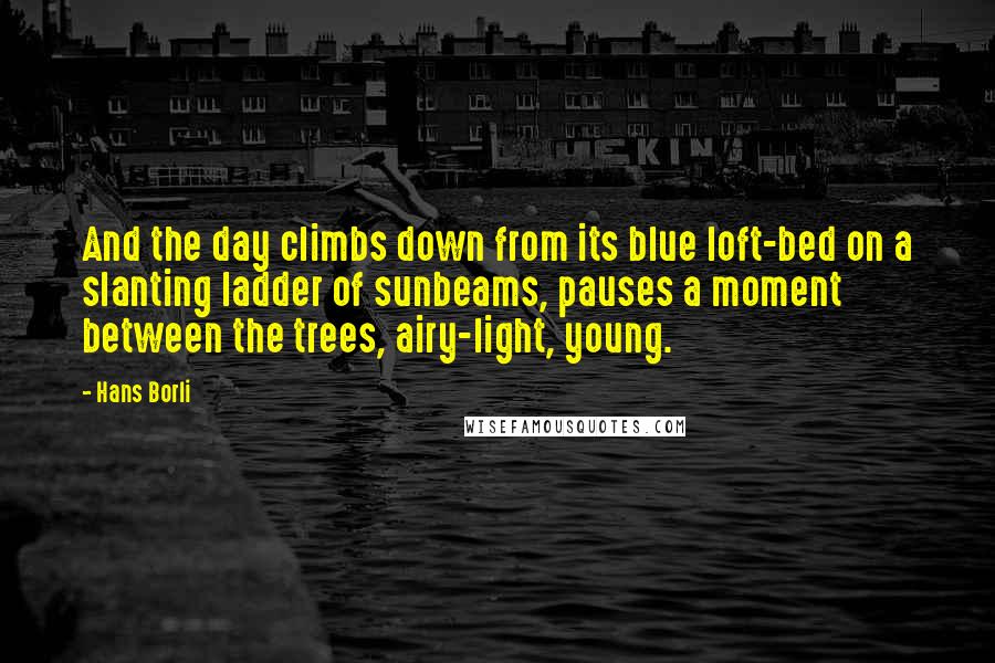 Hans Borli Quotes: And the day climbs down from its blue loft-bed on a slanting ladder of sunbeams, pauses a moment between the trees, airy-light, young.