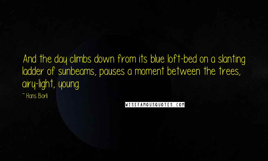 Hans Borli Quotes: And the day climbs down from its blue loft-bed on a slanting ladder of sunbeams, pauses a moment between the trees, airy-light, young.