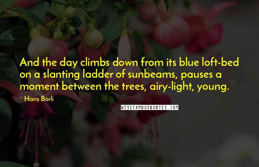 Hans Borli Quotes: And the day climbs down from its blue loft-bed on a slanting ladder of sunbeams, pauses a moment between the trees, airy-light, young.