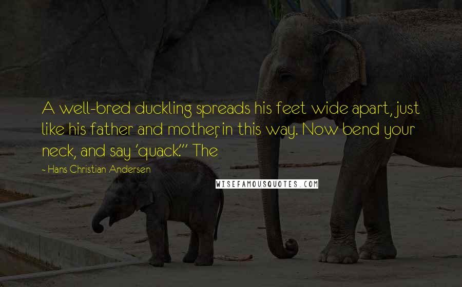 Hans Christian Andersen Quotes: A well-bred duckling spreads his feet wide apart, just like his father and mother, in this way. Now bend your neck, and say 'quack.'" The