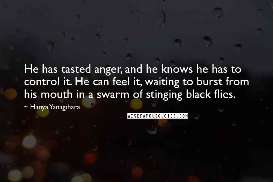 Hanya Yanagihara Quotes: He has tasted anger, and he knows he has to control it. He can feel it, waiting to burst from his mouth in a swarm of stinging black flies.