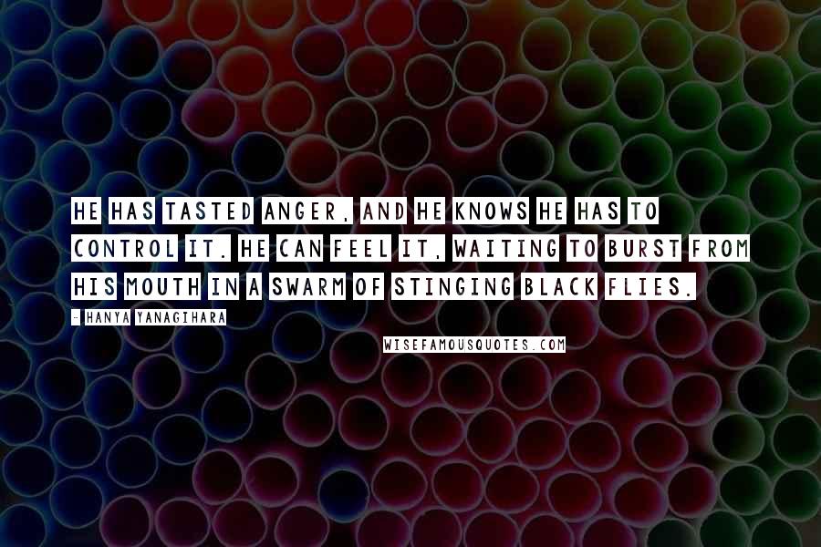 Hanya Yanagihara Quotes: He has tasted anger, and he knows he has to control it. He can feel it, waiting to burst from his mouth in a swarm of stinging black flies.