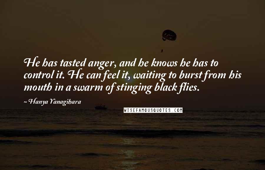 Hanya Yanagihara Quotes: He has tasted anger, and he knows he has to control it. He can feel it, waiting to burst from his mouth in a swarm of stinging black flies.