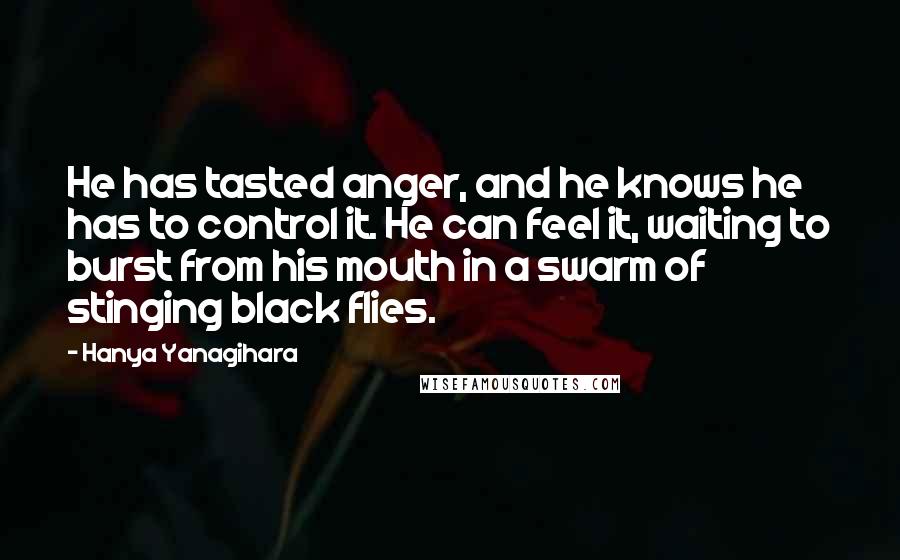 Hanya Yanagihara Quotes: He has tasted anger, and he knows he has to control it. He can feel it, waiting to burst from his mouth in a swarm of stinging black flies.