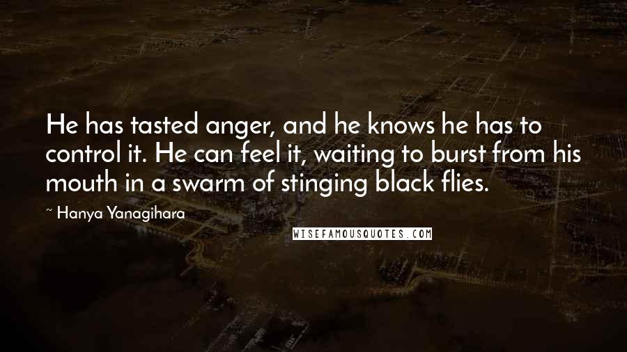 Hanya Yanagihara Quotes: He has tasted anger, and he knows he has to control it. He can feel it, waiting to burst from his mouth in a swarm of stinging black flies.