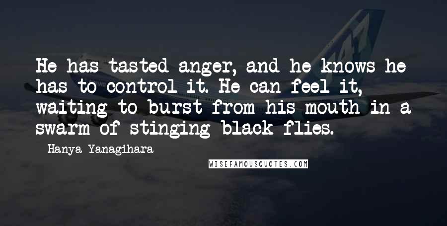 Hanya Yanagihara Quotes: He has tasted anger, and he knows he has to control it. He can feel it, waiting to burst from his mouth in a swarm of stinging black flies.