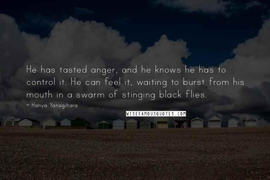 Hanya Yanagihara Quotes: He has tasted anger, and he knows he has to control it. He can feel it, waiting to burst from his mouth in a swarm of stinging black flies.