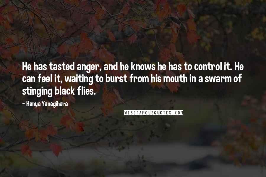 Hanya Yanagihara Quotes: He has tasted anger, and he knows he has to control it. He can feel it, waiting to burst from his mouth in a swarm of stinging black flies.