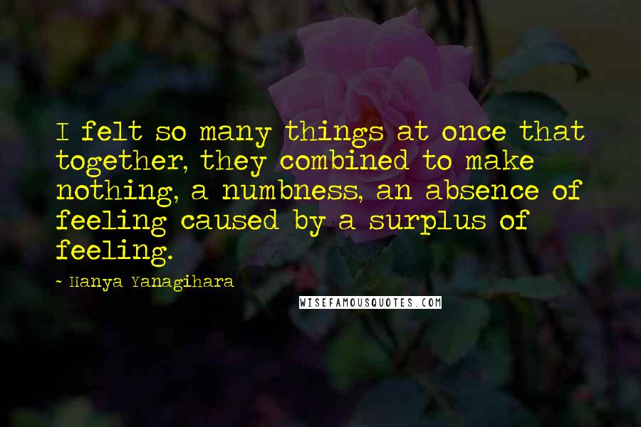 Hanya Yanagihara Quotes: I felt so many things at once that together, they combined to make nothing, a numbness, an absence of feeling caused by a surplus of feeling.