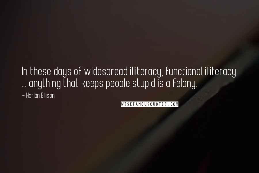 Harlan Ellison Quotes: In these days of widespread illiteracy, functional illiteracy ... anything that keeps people stupid is a felony.