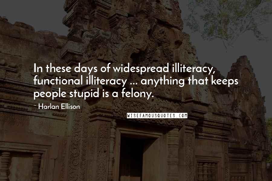 Harlan Ellison Quotes: In these days of widespread illiteracy, functional illiteracy ... anything that keeps people stupid is a felony.