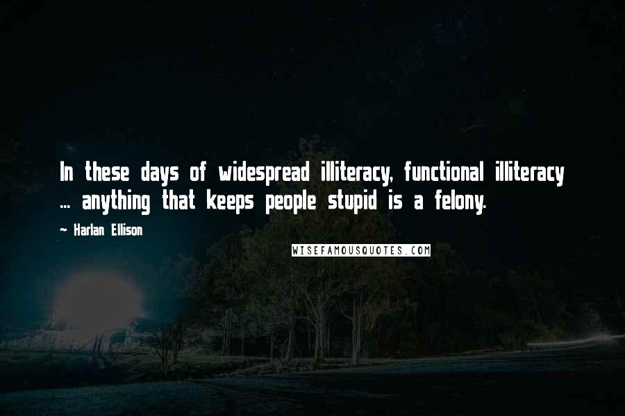 Harlan Ellison Quotes: In these days of widespread illiteracy, functional illiteracy ... anything that keeps people stupid is a felony.