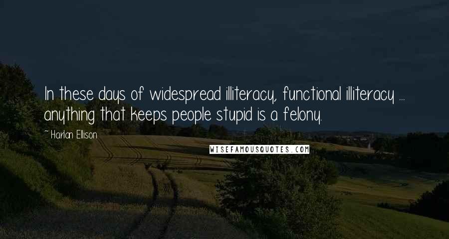 Harlan Ellison Quotes: In these days of widespread illiteracy, functional illiteracy ... anything that keeps people stupid is a felony.