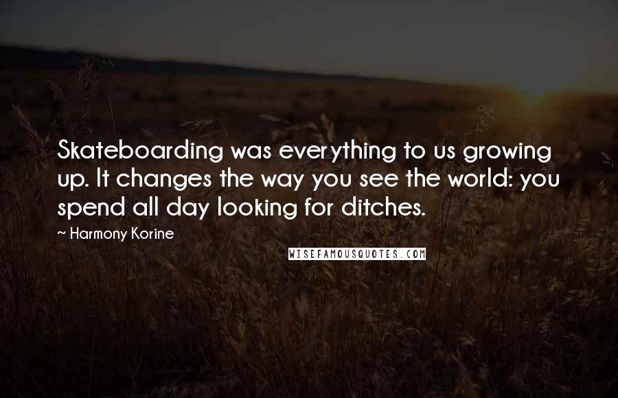 Harmony Korine Quotes: Skateboarding was everything to us growing up. It changes the way you see the world: you spend all day looking for ditches.