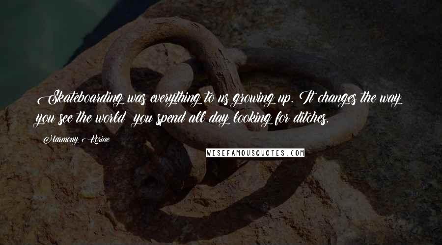 Harmony Korine Quotes: Skateboarding was everything to us growing up. It changes the way you see the world: you spend all day looking for ditches.