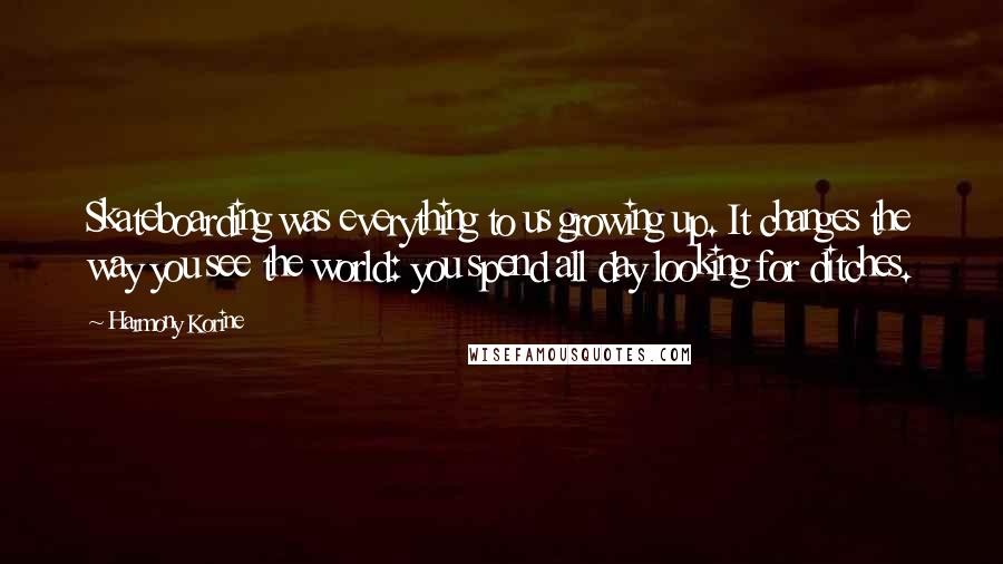 Harmony Korine Quotes: Skateboarding was everything to us growing up. It changes the way you see the world: you spend all day looking for ditches.