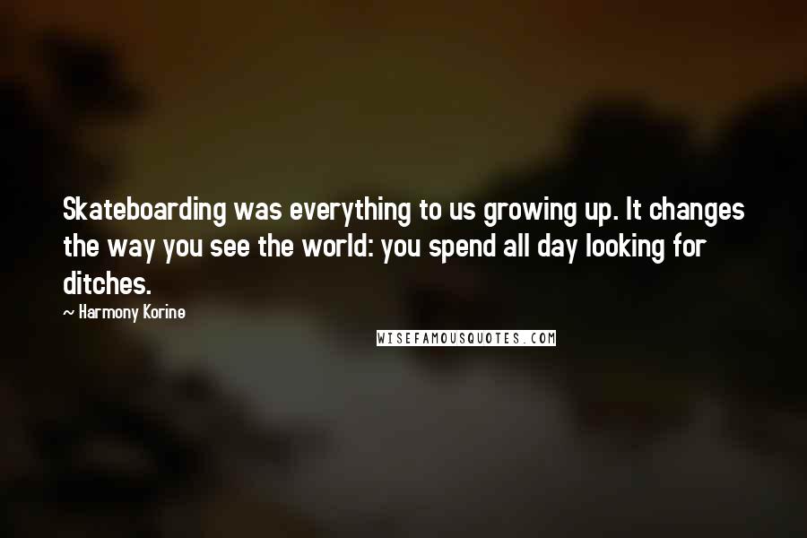 Harmony Korine Quotes: Skateboarding was everything to us growing up. It changes the way you see the world: you spend all day looking for ditches.