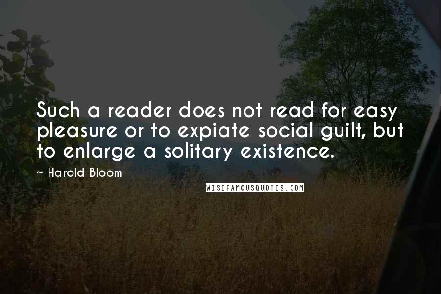 Harold Bloom Quotes: Such a reader does not read for easy pleasure or to expiate social guilt, but to enlarge a solitary existence.