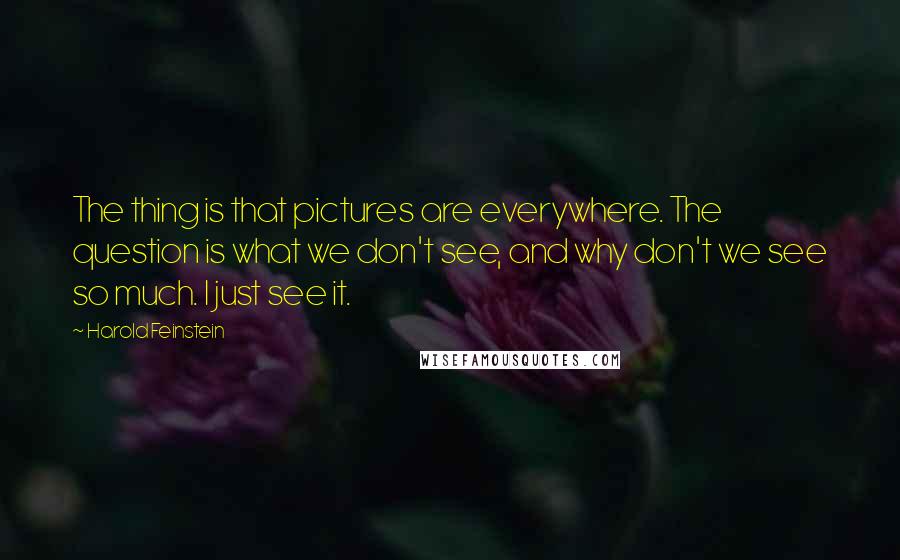 Harold Feinstein Quotes: The thing is that pictures are everywhere. The question is what we don't see, and why don't we see so much. I just see it.