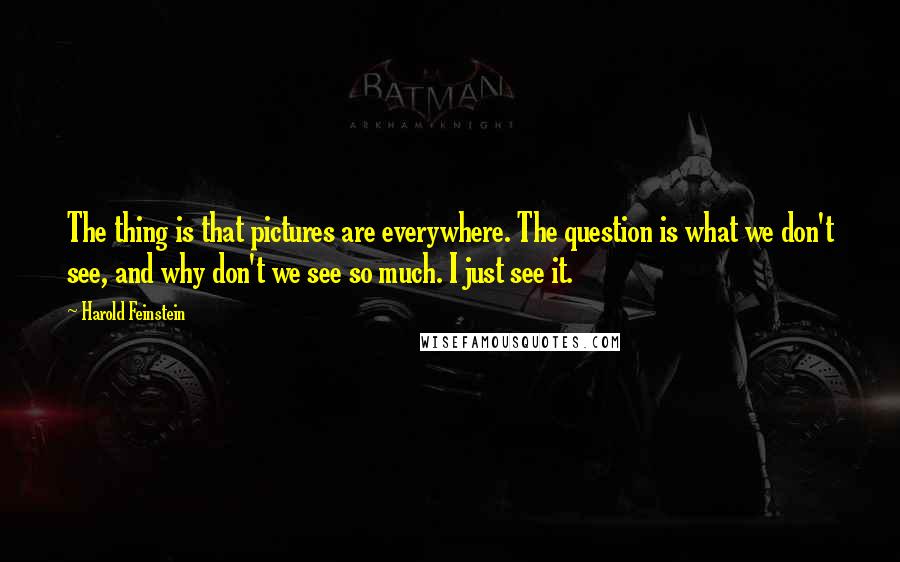 Harold Feinstein Quotes: The thing is that pictures are everywhere. The question is what we don't see, and why don't we see so much. I just see it.