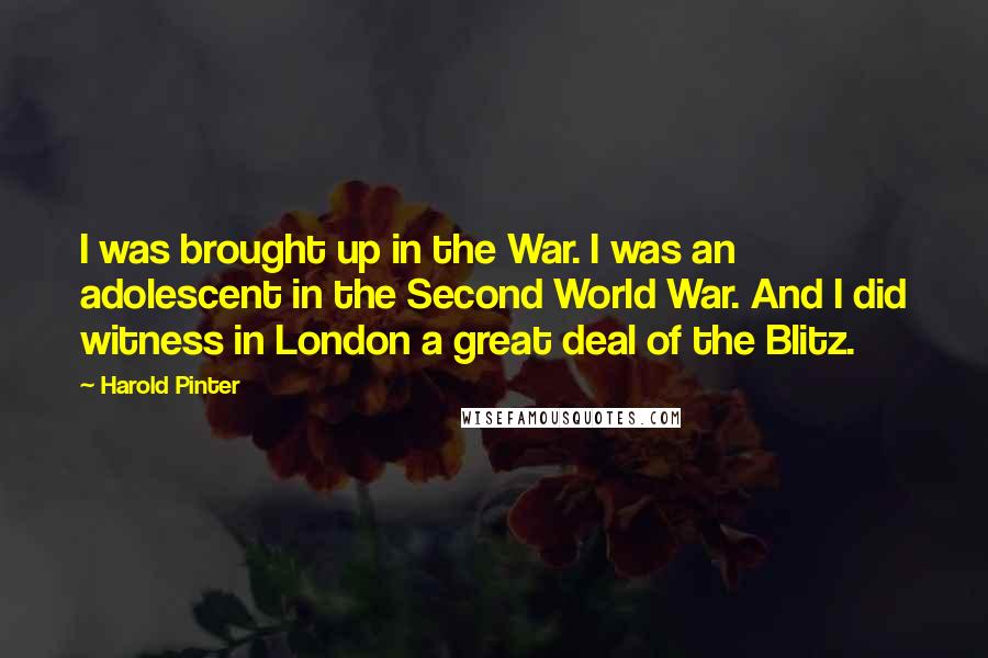 Harold Pinter Quotes: I was brought up in the War. I was an adolescent in the Second World War. And I did witness in London a great deal of the Blitz.