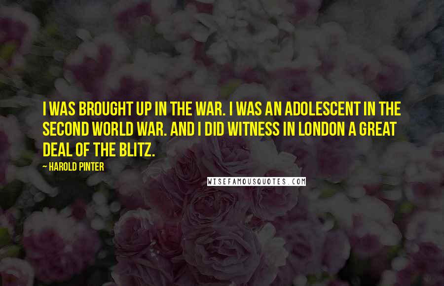 Harold Pinter Quotes: I was brought up in the War. I was an adolescent in the Second World War. And I did witness in London a great deal of the Blitz.