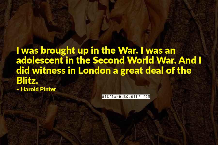 Harold Pinter Quotes: I was brought up in the War. I was an adolescent in the Second World War. And I did witness in London a great deal of the Blitz.