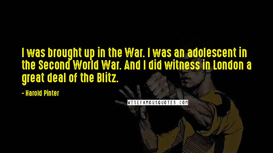 Harold Pinter Quotes: I was brought up in the War. I was an adolescent in the Second World War. And I did witness in London a great deal of the Blitz.