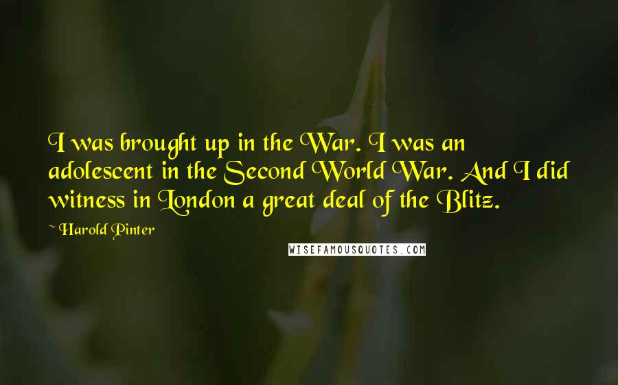 Harold Pinter Quotes: I was brought up in the War. I was an adolescent in the Second World War. And I did witness in London a great deal of the Blitz.