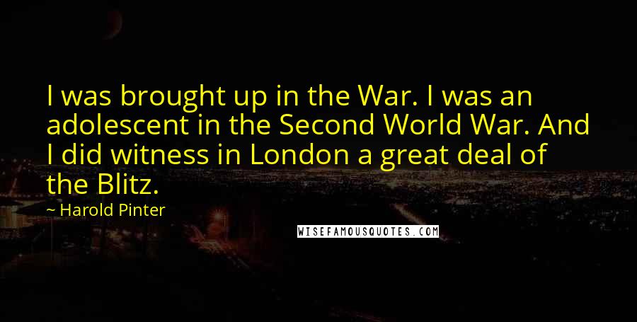 Harold Pinter Quotes: I was brought up in the War. I was an adolescent in the Second World War. And I did witness in London a great deal of the Blitz.