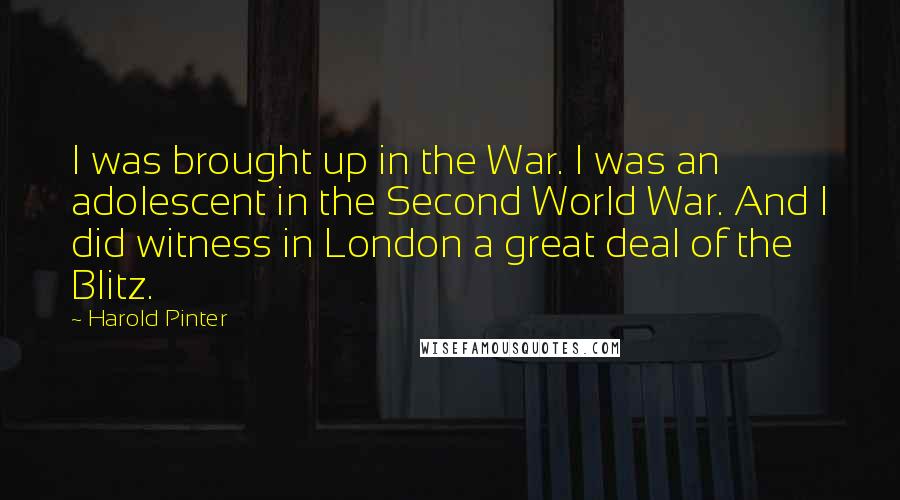 Harold Pinter Quotes: I was brought up in the War. I was an adolescent in the Second World War. And I did witness in London a great deal of the Blitz.