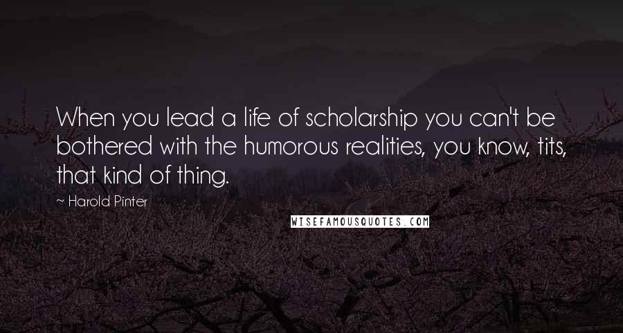 Harold Pinter Quotes: When you lead a life of scholarship you can't be bothered with the humorous realities, you know, tits, that kind of thing.