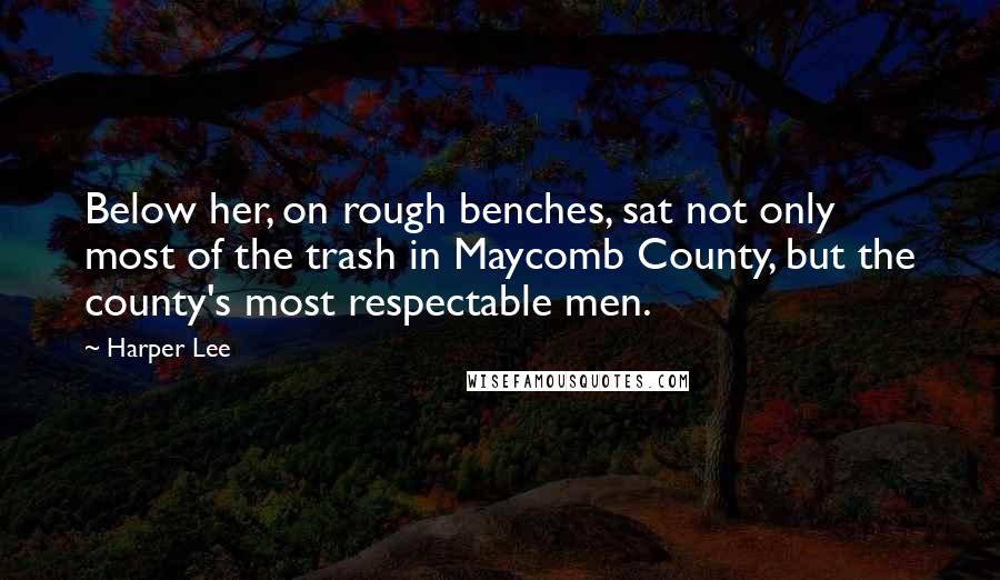 Harper Lee Quotes: Below her, on rough benches, sat not only most of the trash in Maycomb County, but the county's most respectable men.
