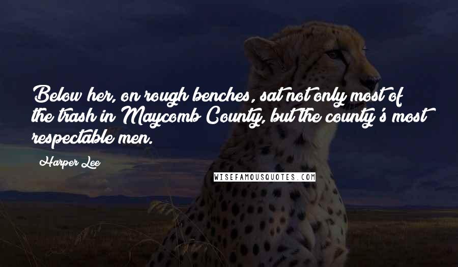 Harper Lee Quotes: Below her, on rough benches, sat not only most of the trash in Maycomb County, but the county's most respectable men.
