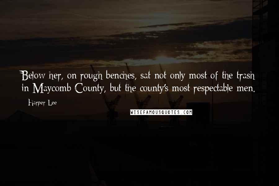 Harper Lee Quotes: Below her, on rough benches, sat not only most of the trash in Maycomb County, but the county's most respectable men.