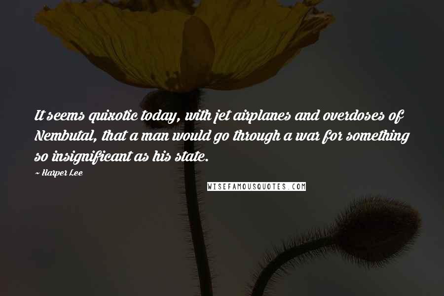 Harper Lee Quotes: It seems quixotic today, with jet airplanes and overdoses of Nembutal, that a man would go through a war for something so insignificant as his state.