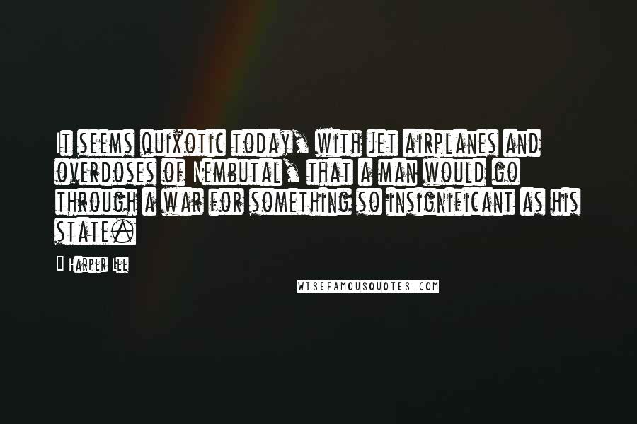 Harper Lee Quotes: It seems quixotic today, with jet airplanes and overdoses of Nembutal, that a man would go through a war for something so insignificant as his state.
