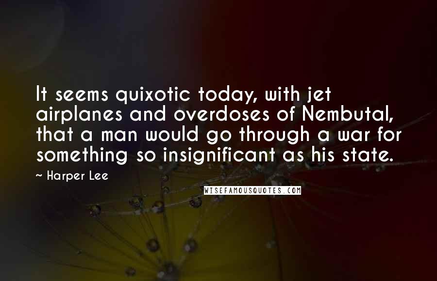 Harper Lee Quotes: It seems quixotic today, with jet airplanes and overdoses of Nembutal, that a man would go through a war for something so insignificant as his state.