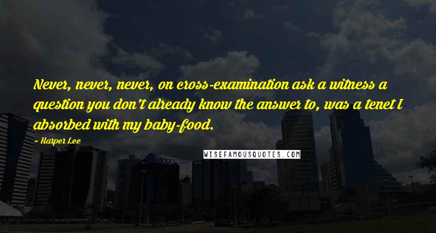 Harper Lee Quotes: Never, never, never, on cross-examination ask a witness a question you don't already know the answer to, was a tenet I absorbed with my baby-food.