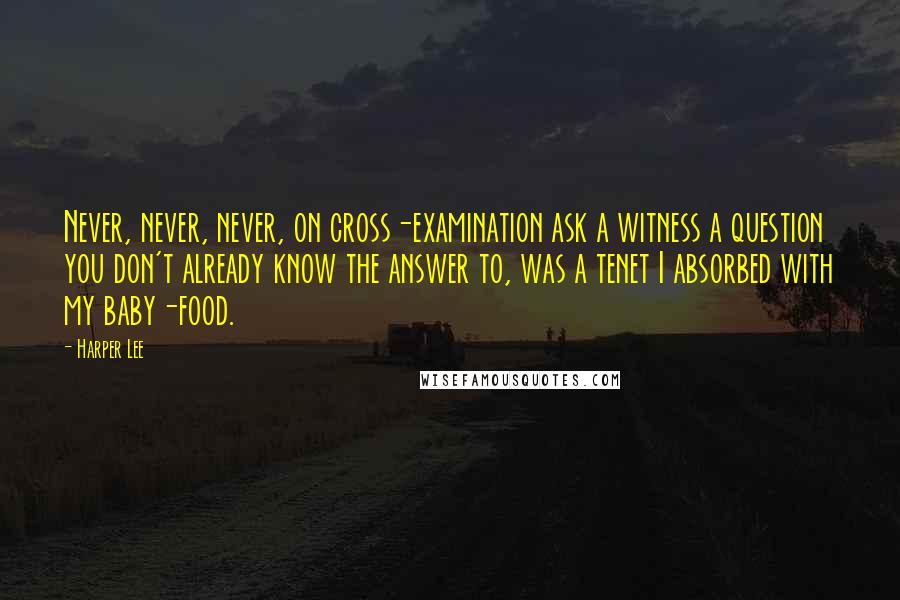 Harper Lee Quotes: Never, never, never, on cross-examination ask a witness a question you don't already know the answer to, was a tenet I absorbed with my baby-food.