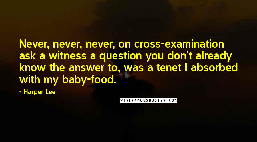 Harper Lee Quotes: Never, never, never, on cross-examination ask a witness a question you don't already know the answer to, was a tenet I absorbed with my baby-food.