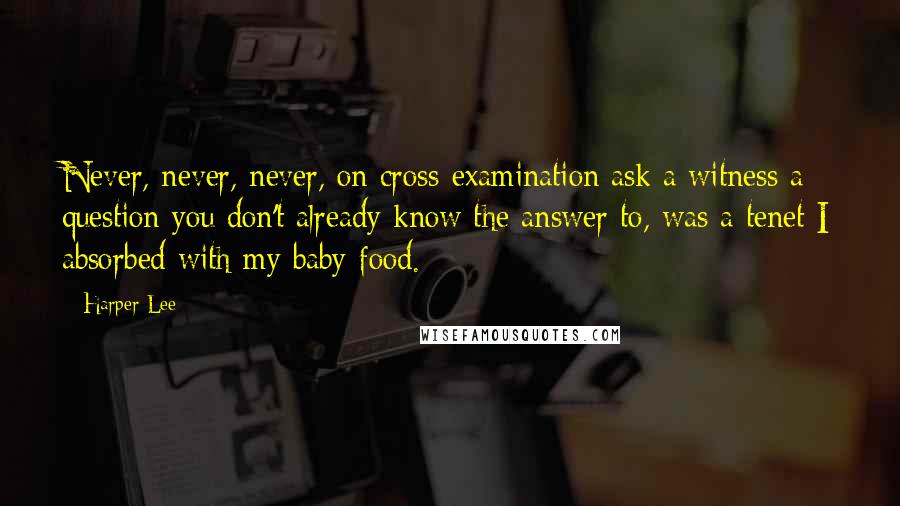 Harper Lee Quotes: Never, never, never, on cross-examination ask a witness a question you don't already know the answer to, was a tenet I absorbed with my baby-food.