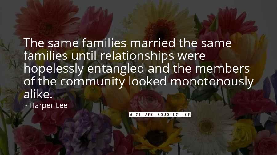 Harper Lee Quotes: The same families married the same families until relationships were hopelessly entangled and the members of the community looked monotonously alike.
