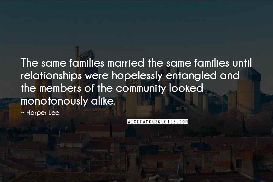 Harper Lee Quotes: The same families married the same families until relationships were hopelessly entangled and the members of the community looked monotonously alike.