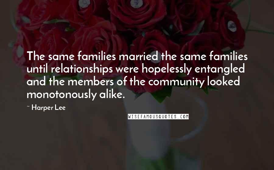 Harper Lee Quotes: The same families married the same families until relationships were hopelessly entangled and the members of the community looked monotonously alike.